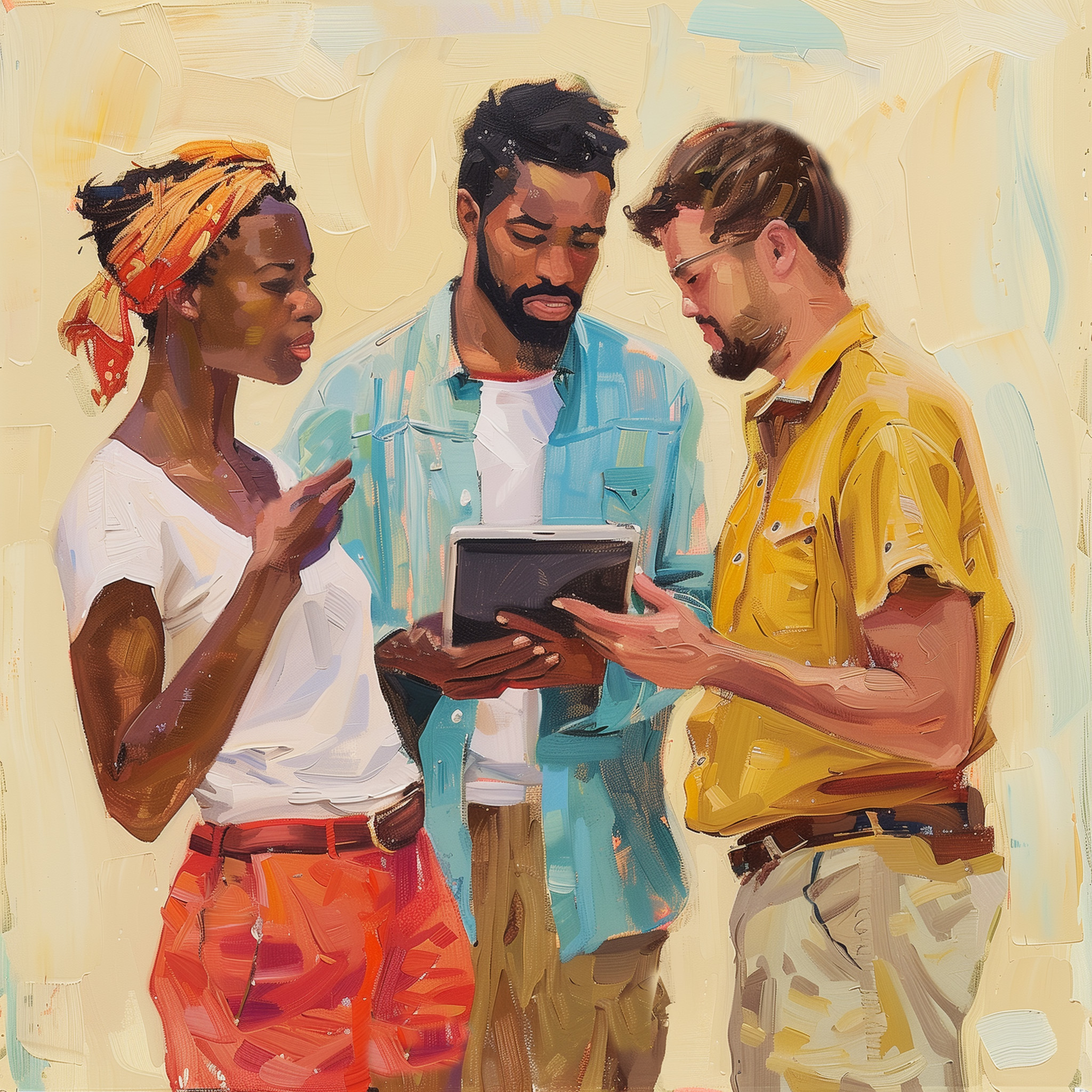 A painting of three people talking while viewing a iPad.